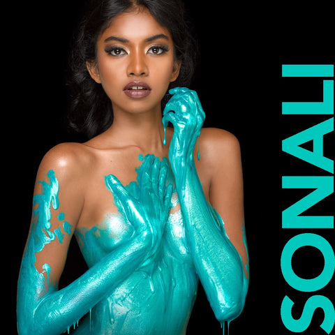 Sonali Silvaa in metallic teal by Nick Saglimbeni for Painted Princess Project